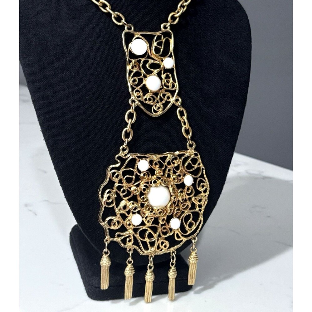 Vintage Brutalist Bib Necklace Gold Tone White Tassel Fringe Statement Modernist